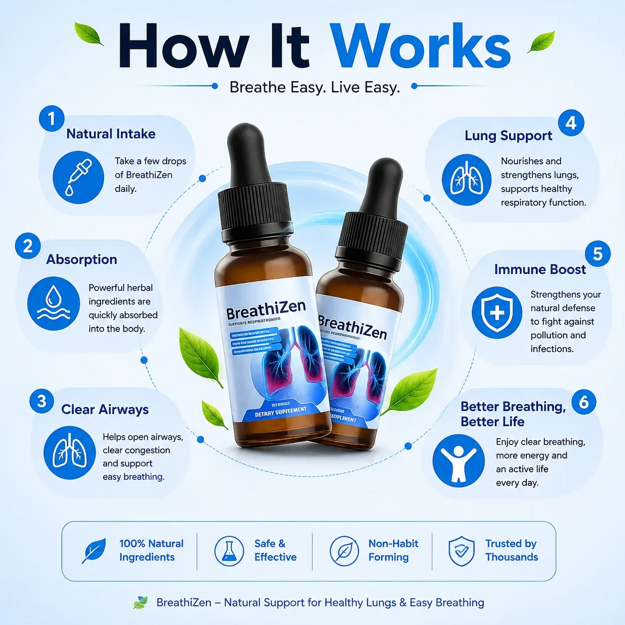 How BreathiZen works — natural intake, absorption, clear airways, lung support, immune boost, better breathing